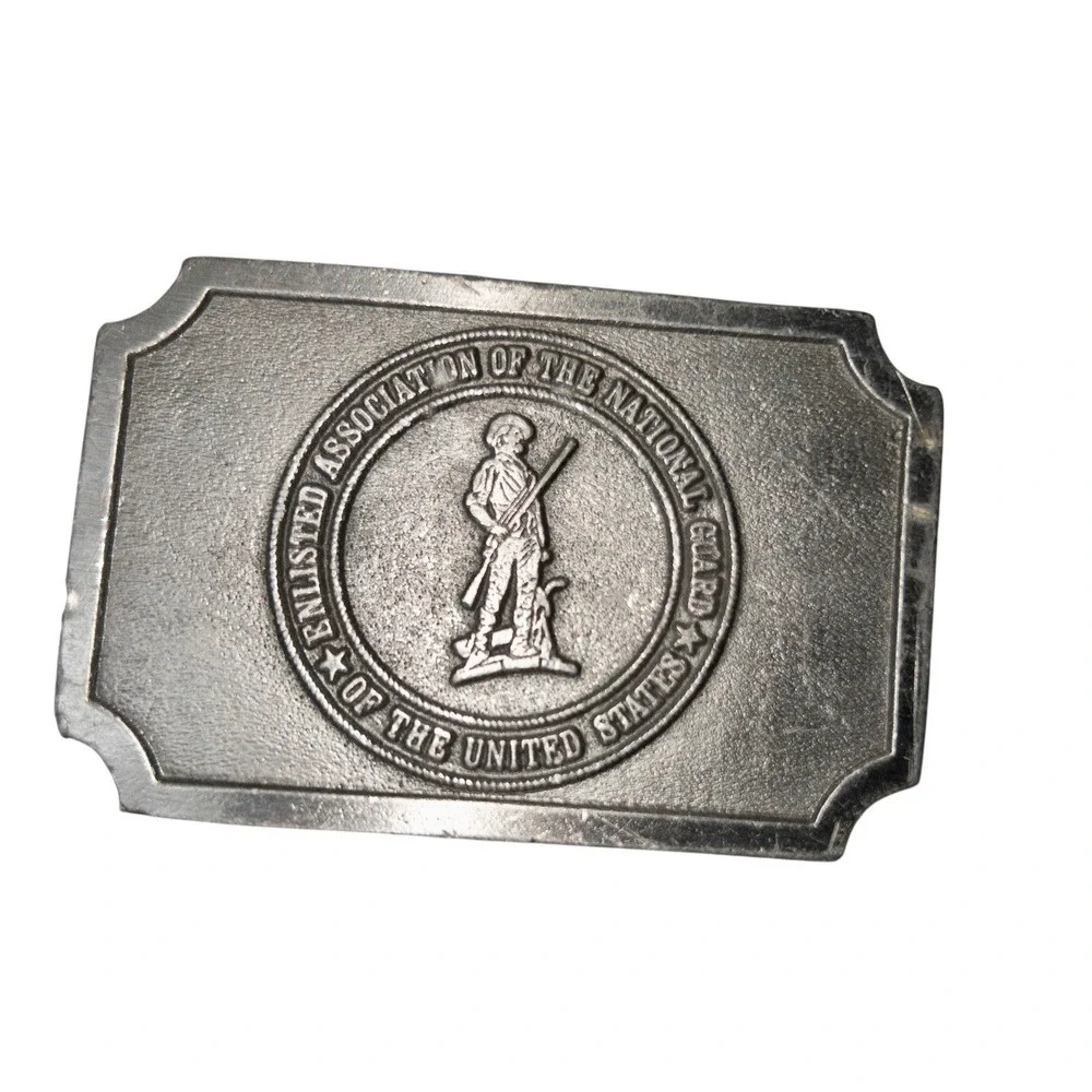 Vtg‎ Enlisted Association Of The National Guard Silver Belt Buckle Hit Line USA